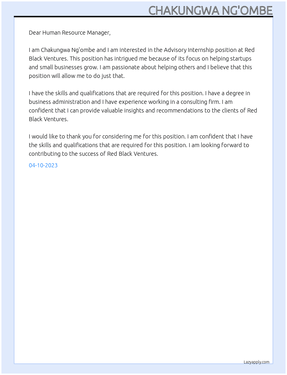 Advisory Internship At Red Black Ventures  Cover Letter