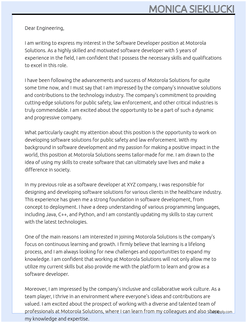 Software Developer At Motorola Solutions Cover Letter