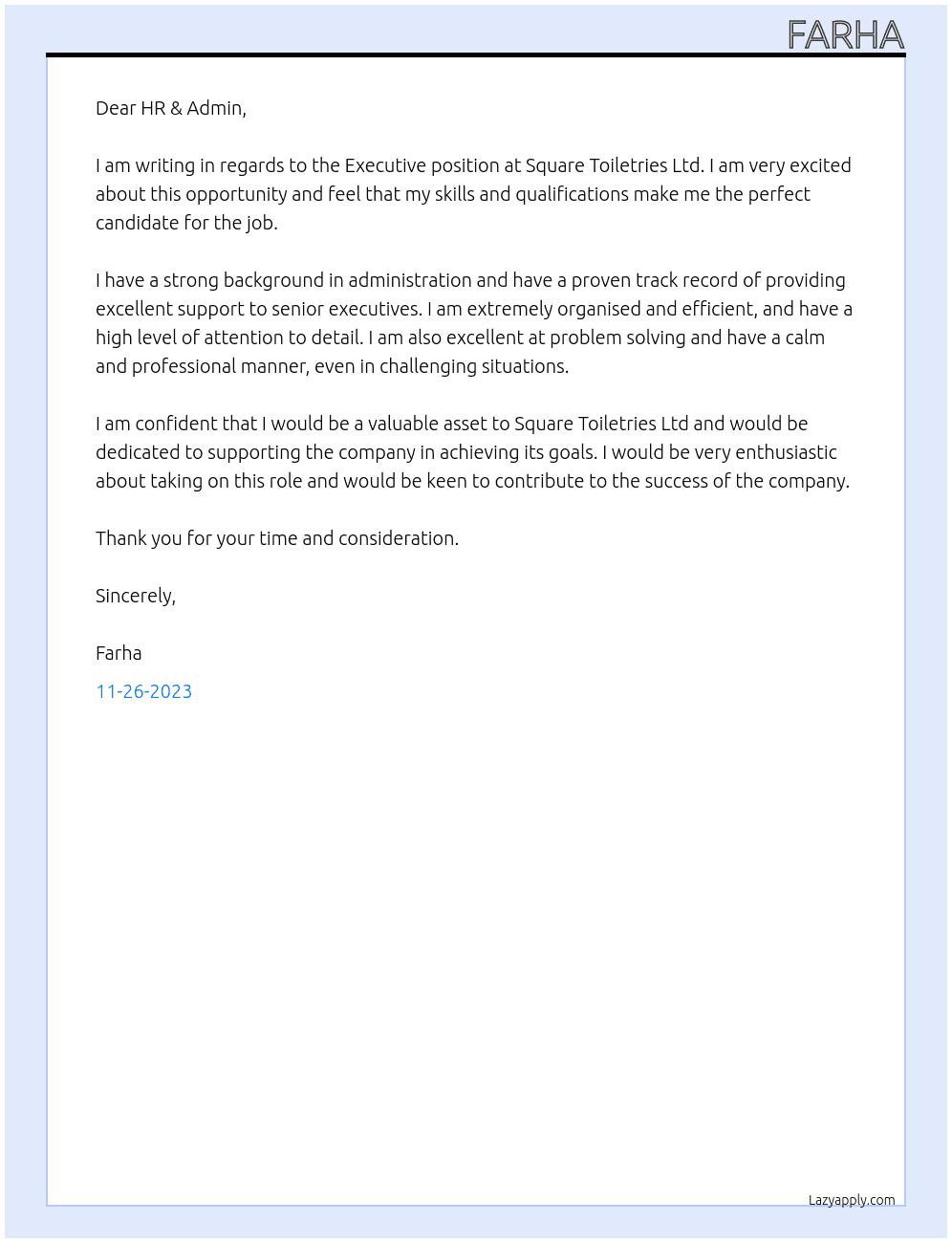 Executive At Square Toiletries Ltd. Cover Letter
