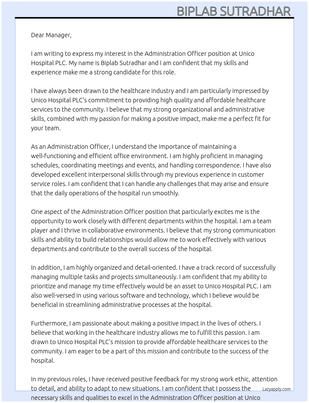 Administration officer At Unico Hospital PLC Cover Letter