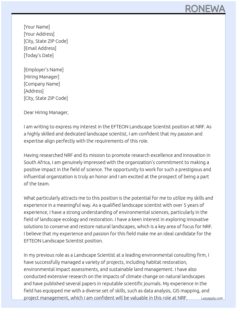 EFTEON Landscape Scientist At NRF Cover Letter