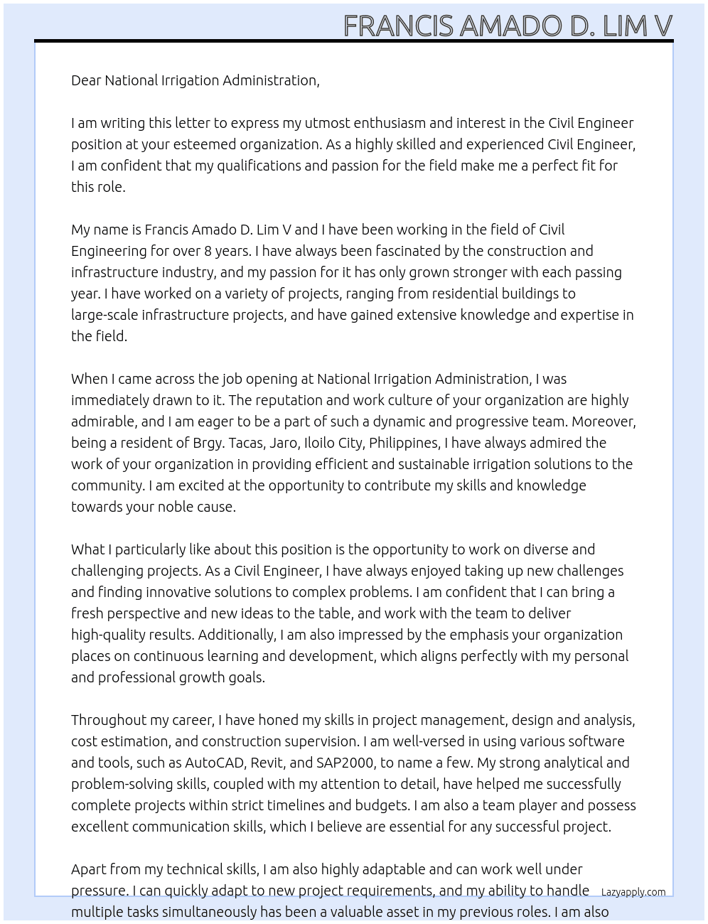 Civil Engineer At National Irrigation Administration Cover Letter