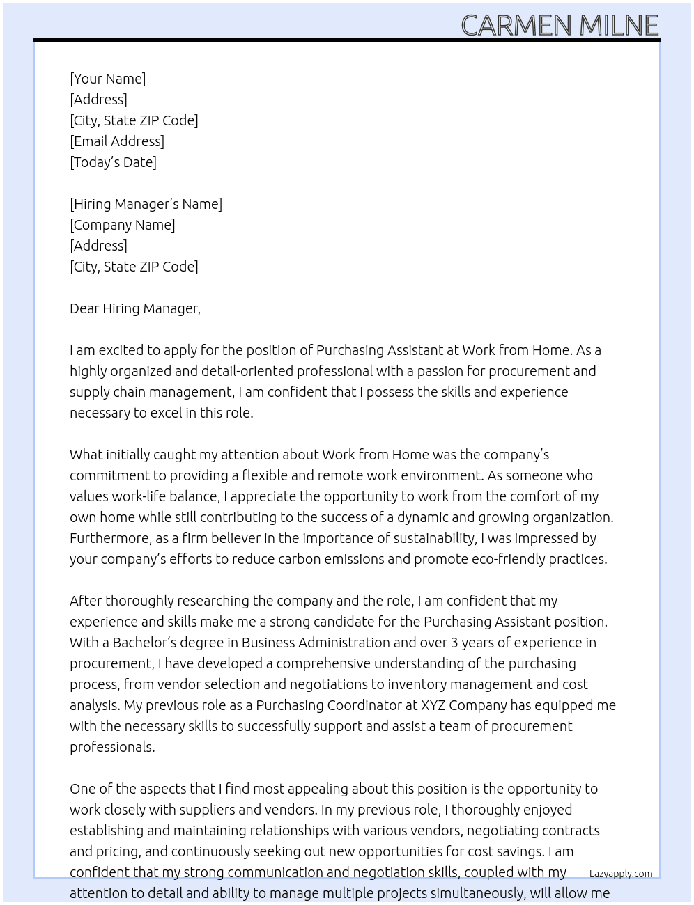 Purchasing Assistant  At Work from Home Cover Letter