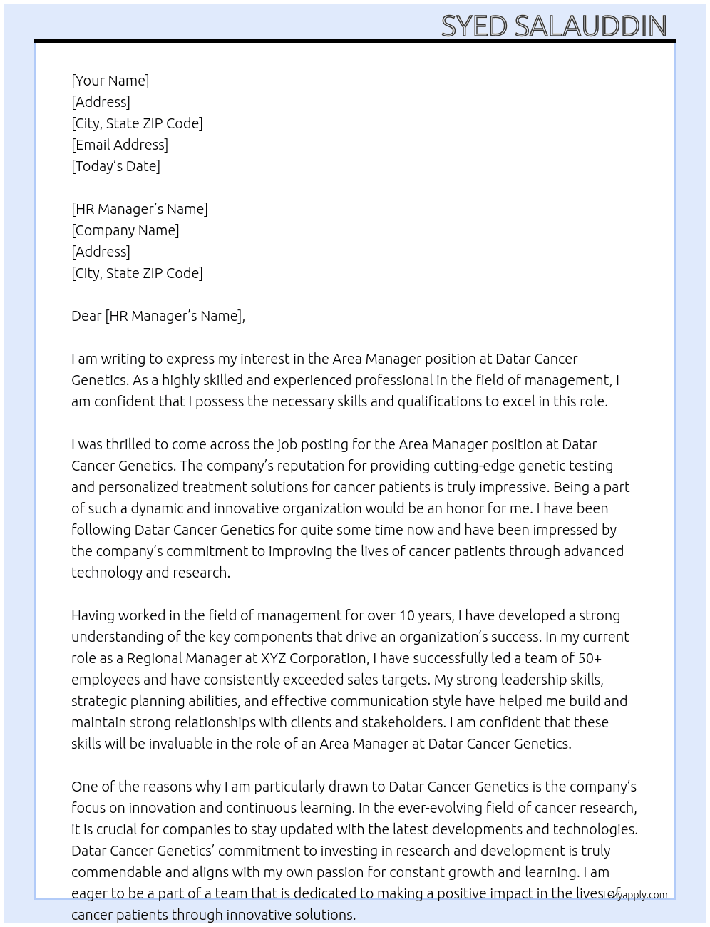 Area manager  At Datar Cancer genetics  Cover Letter