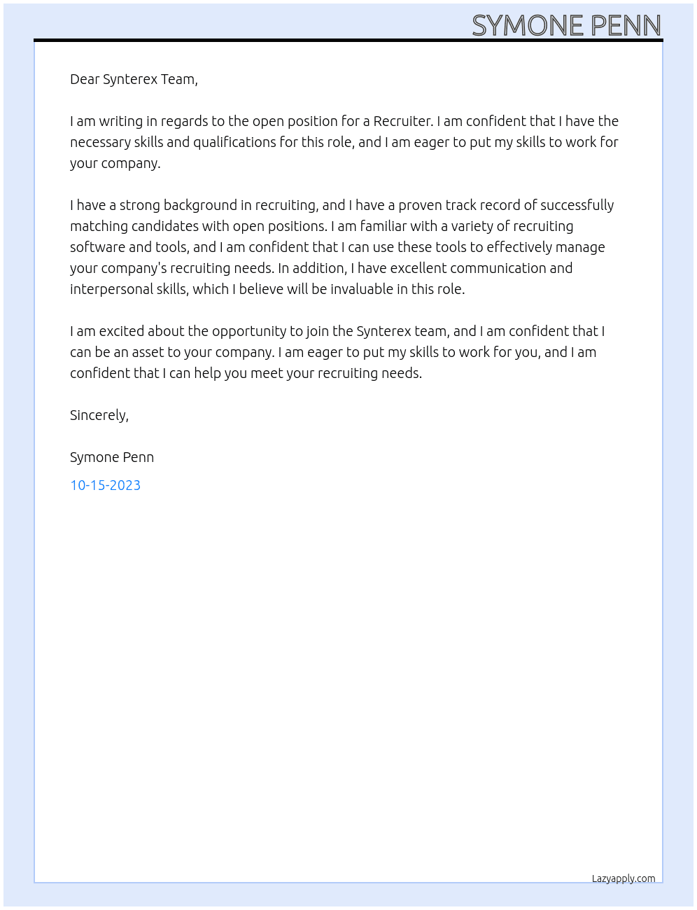 Recruiter  At Synterex Cover Letter