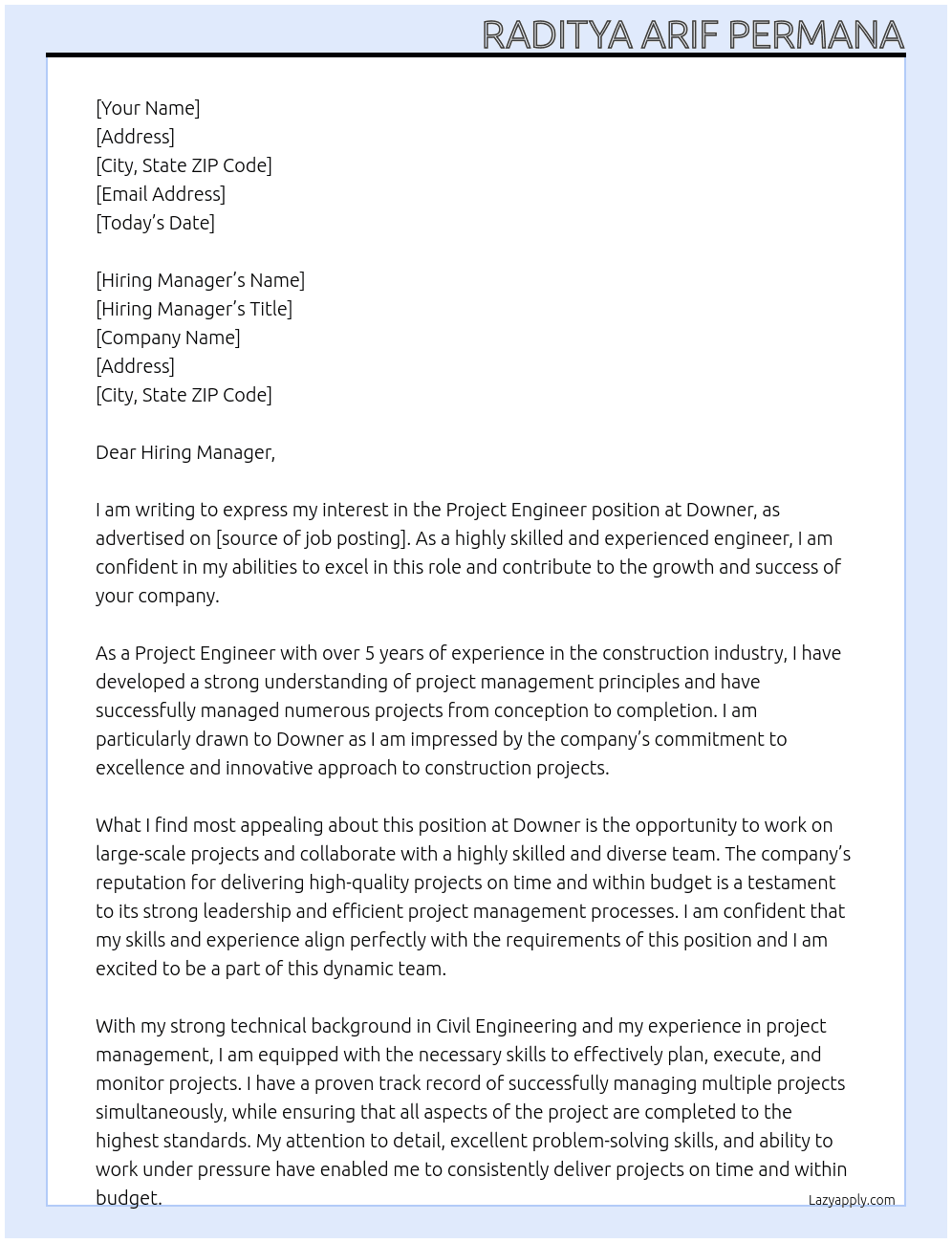 Project Engineer At Downer Cover Letter