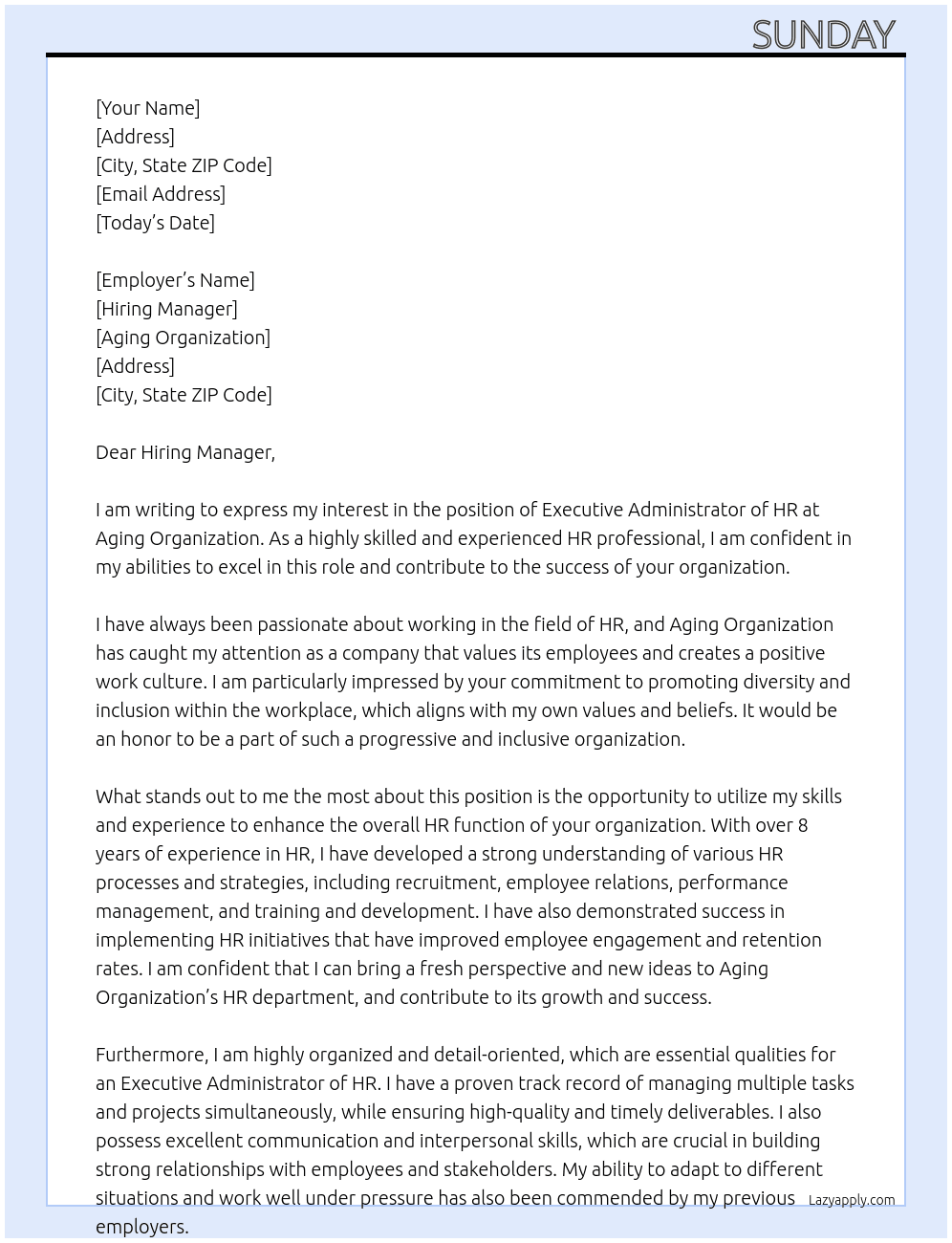 Executive Administrator of HR At Aging organization Cover Letter