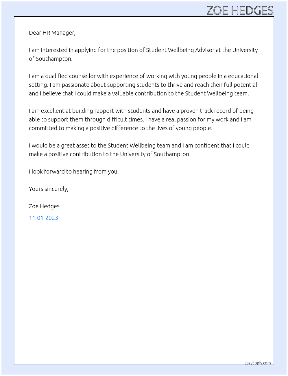 Student Wellbeing Advisor At University of Southampton Cover Letter