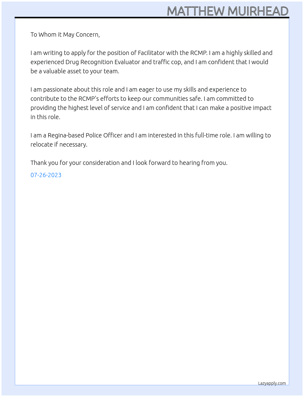 Facilitator At RCMP Cover Letter