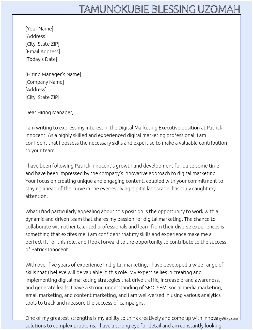 Digital Marketing Executive At Patrick Innocent Cover Letter