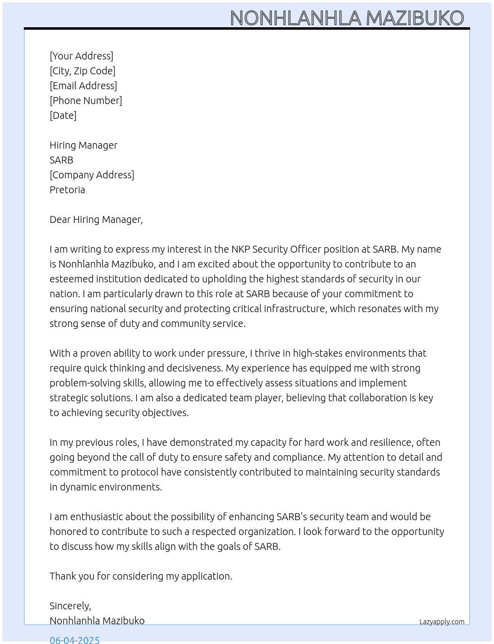 NKP security officer  At SARB Cover Letter