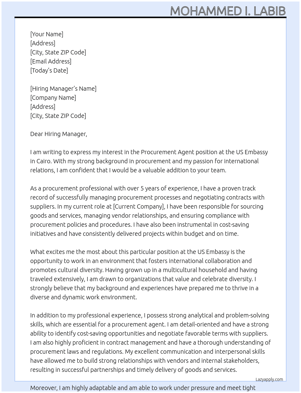 Procurement Agent At US Embassy , Cairo Cover Letter