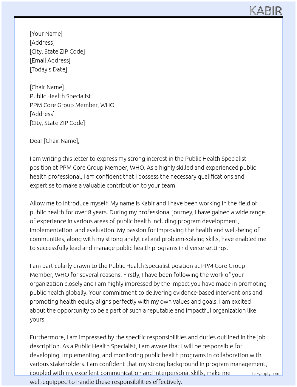 Public Health Specialist At PPM Core group member, WHO Cover Letter