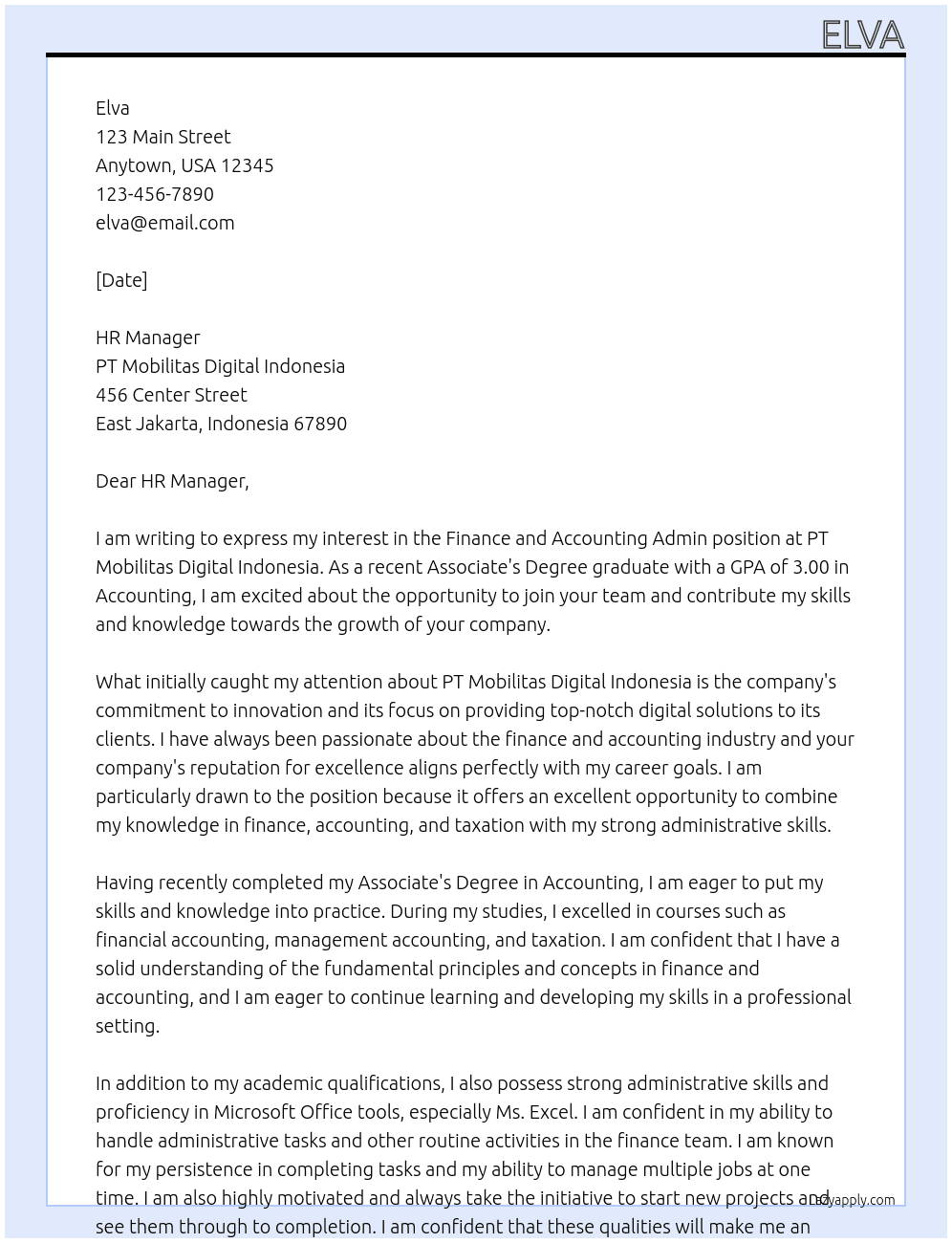 finance and accounting admin At pt mobilitas digital indonesia Cover Letter