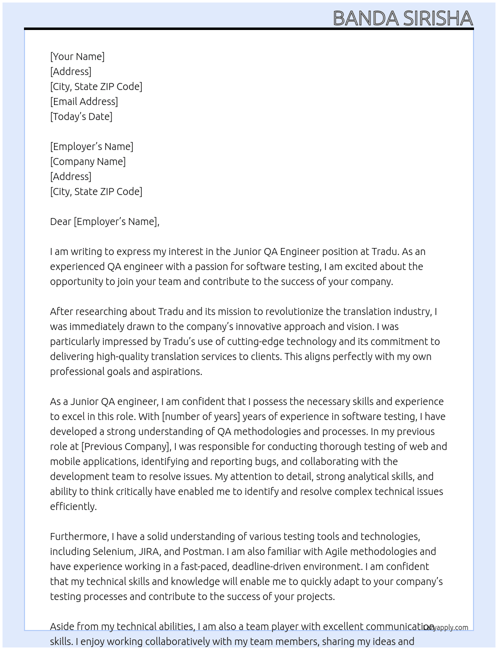 Junior QA engineer  At Tradu Cover Letter