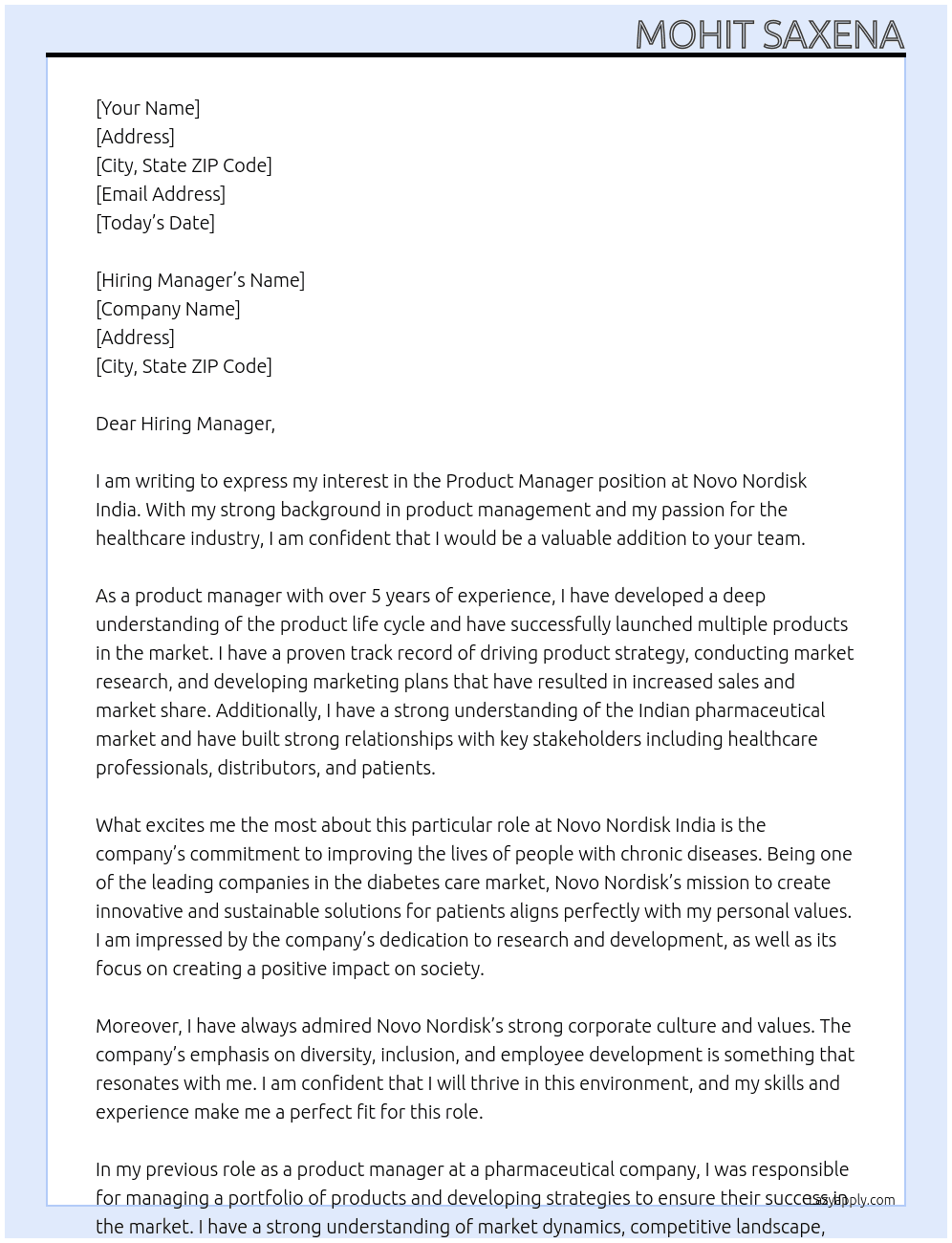 Product Manager At Novo Nordisk India Cover Letter