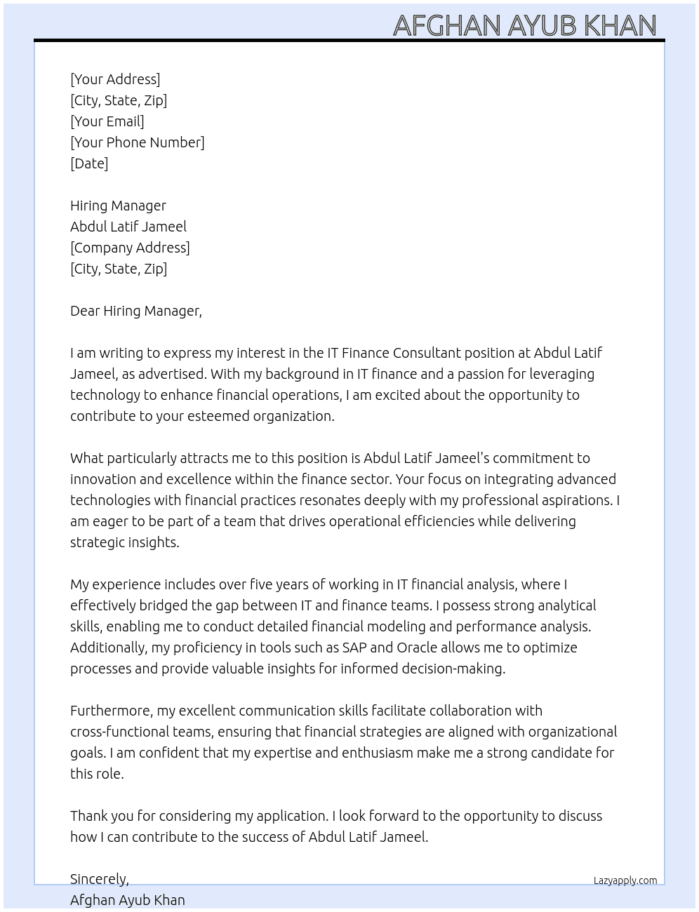 IT finance consultant  At Abdul Latif Jameel  Cover Letter