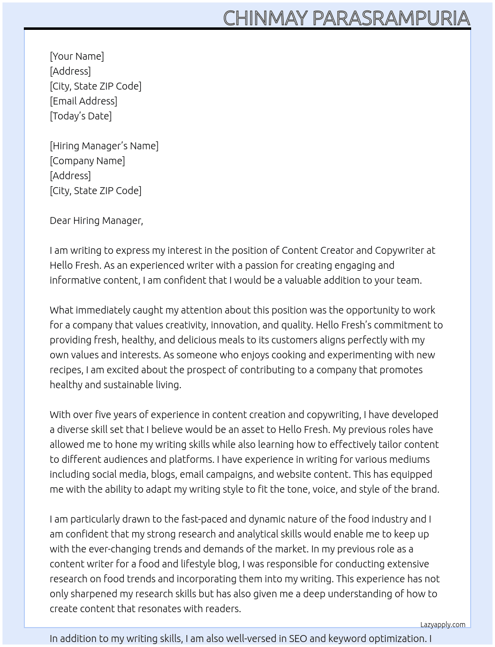 Cover letter for content creator and copy writer - LazyApply