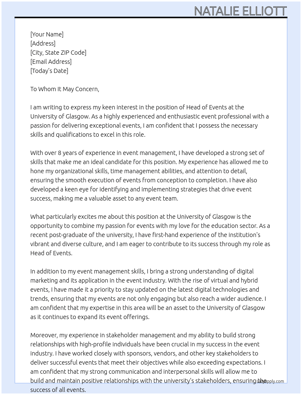 Head of Events At University of Glasgow Cover Letter