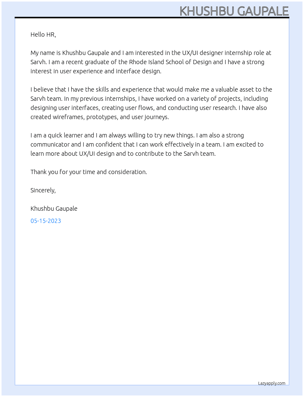 UX/UI designer At Sarvh Cover Letter