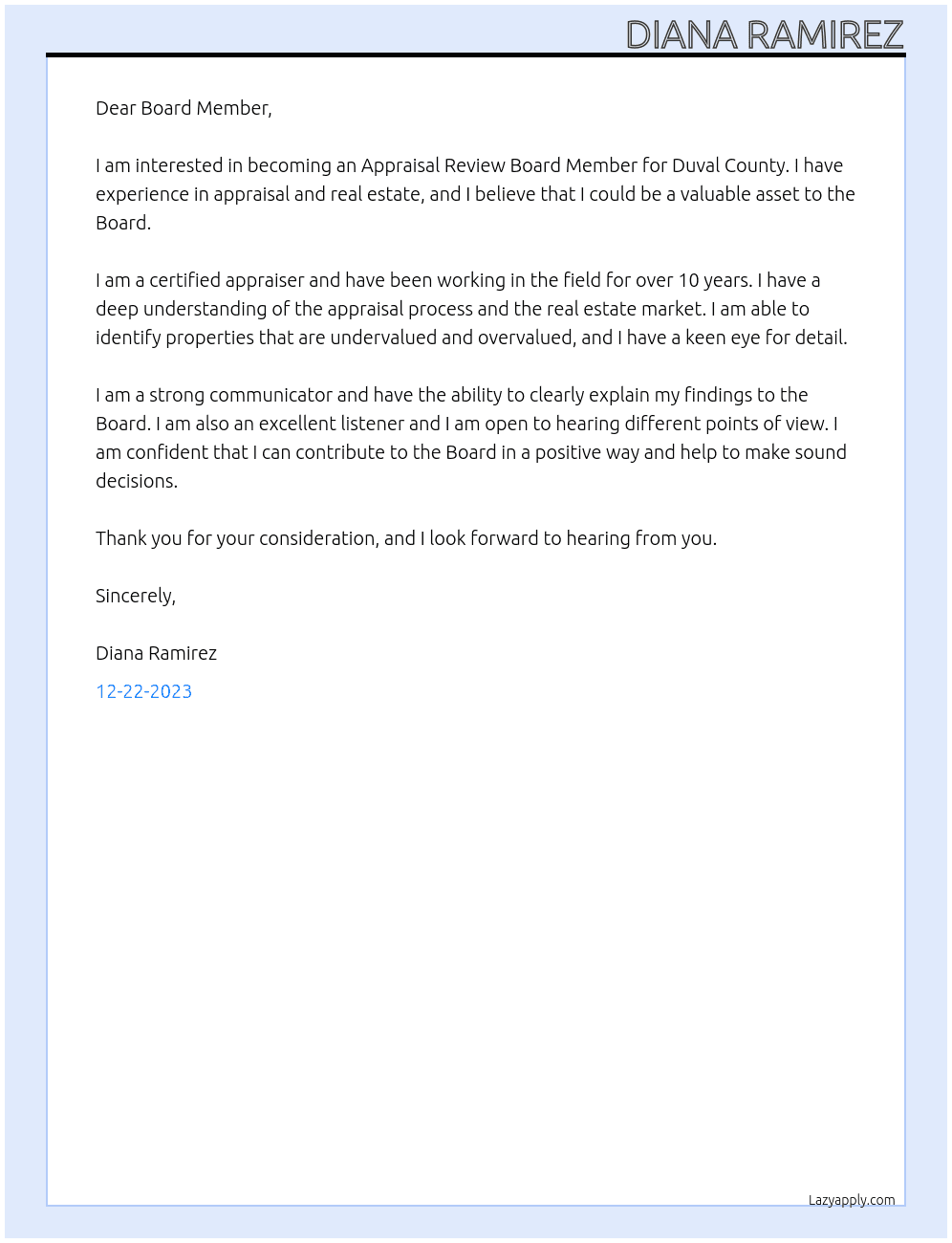 Appraisal Review Board Member At Duval County Cover Letter