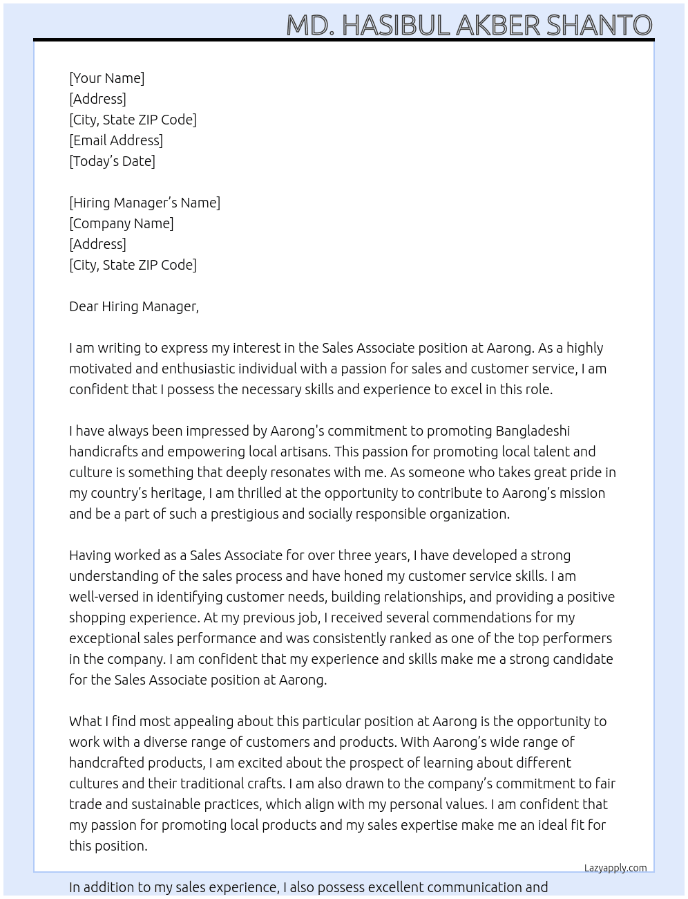 Sales Associate At Aarong Cover Letter