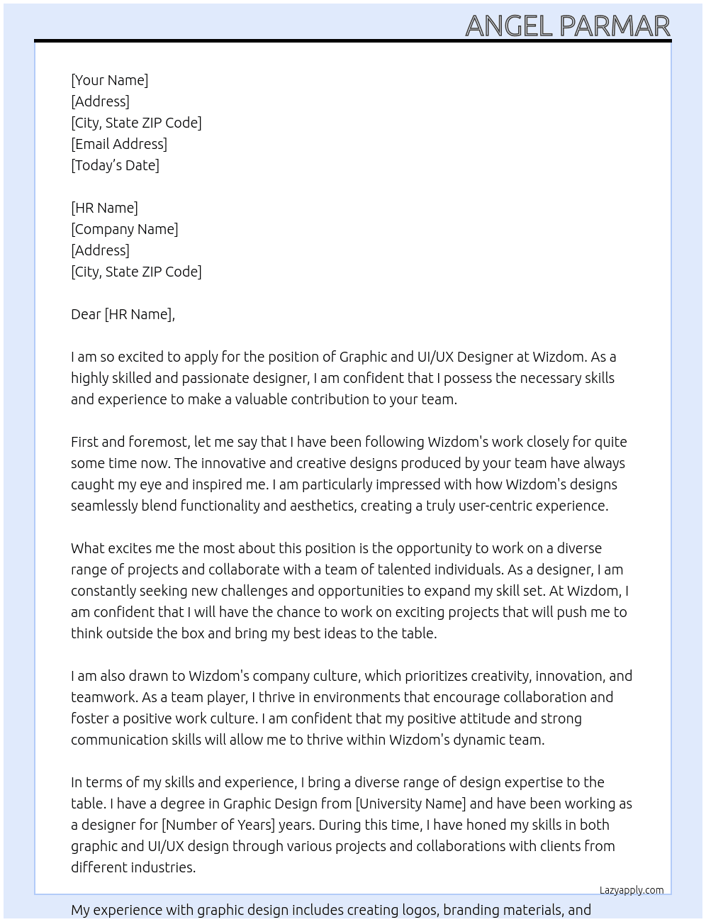 Graphic and UI/UX Designer At Wizdom Cover Letter