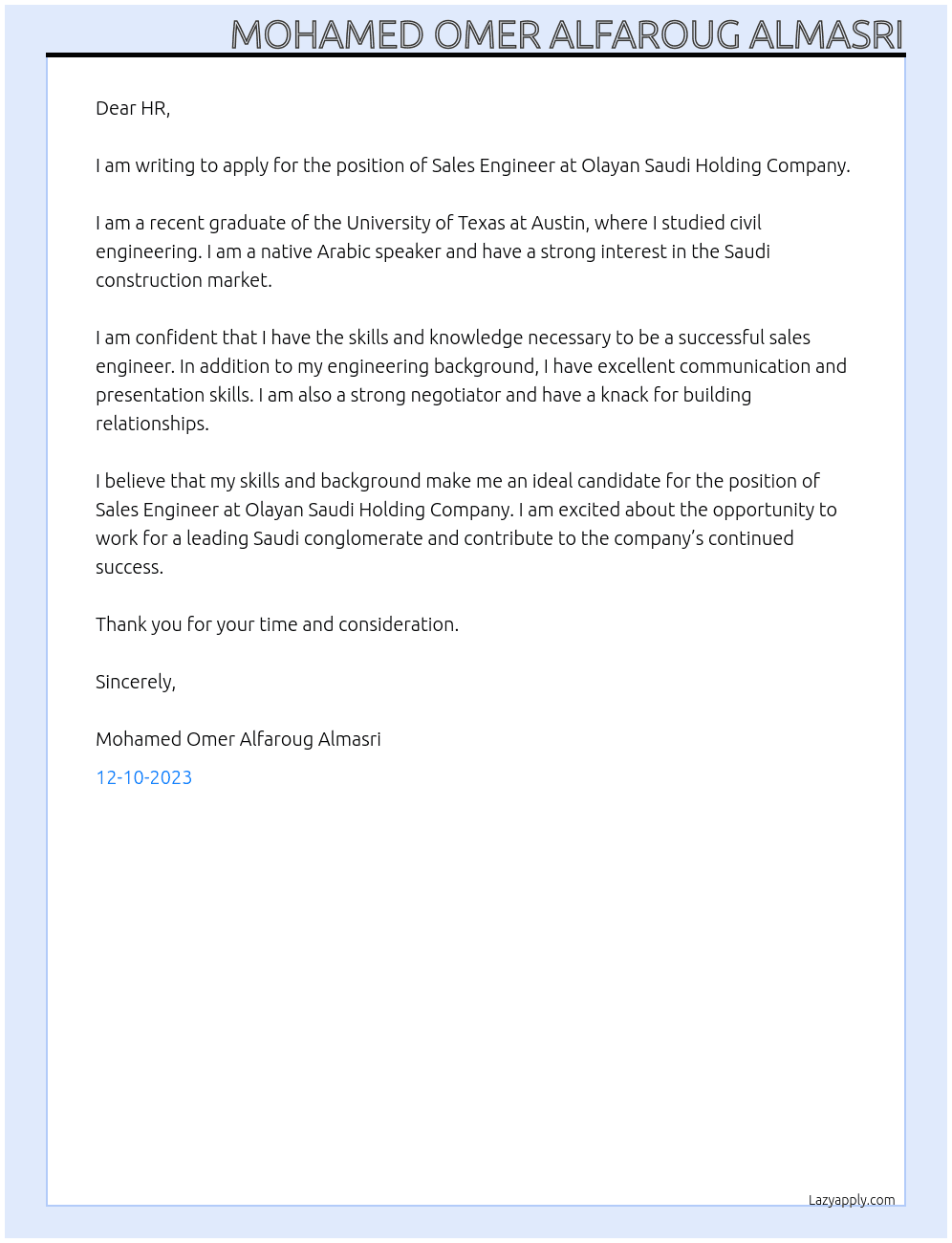 Sales Engineer At Olayan Saudi Holding Company Cover Letter
