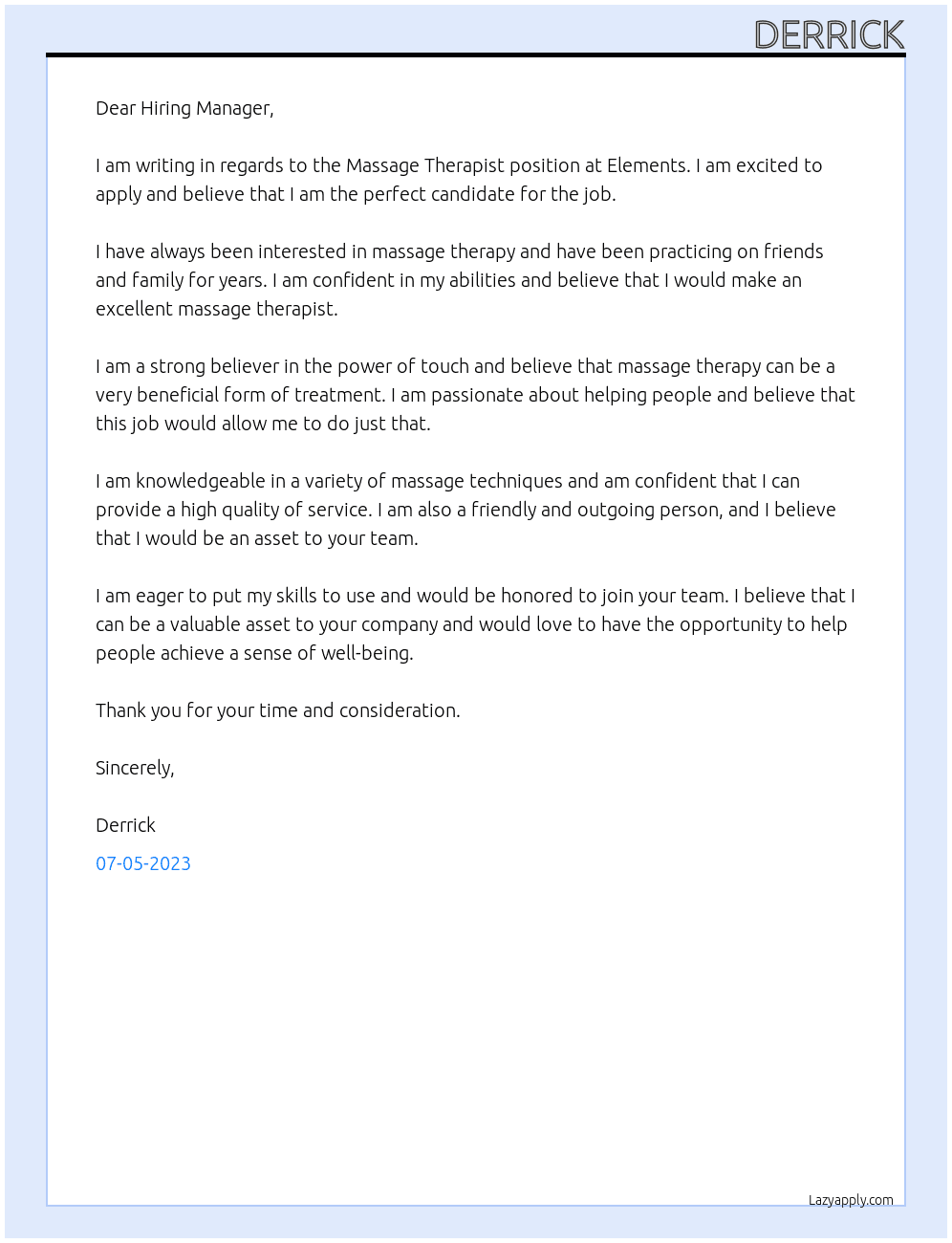 Massage Therapist At Elements Cover Letter