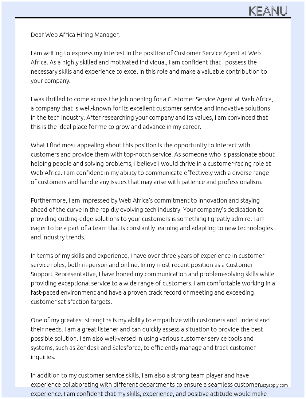 Customer service agent  At Web Africa  Cover Letter