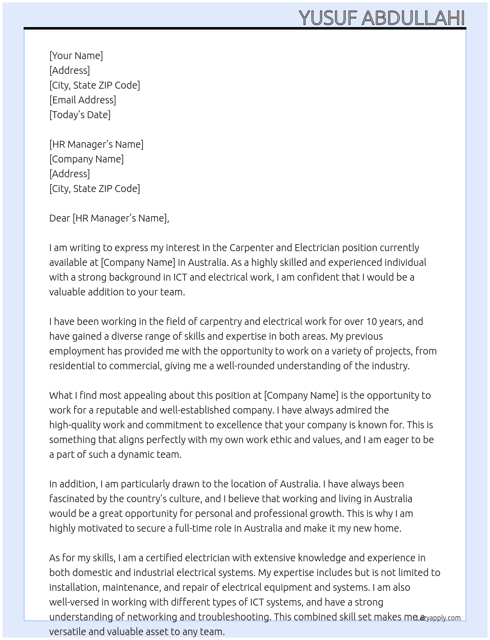 Capenter, electrician At Autralia Cover Letter
