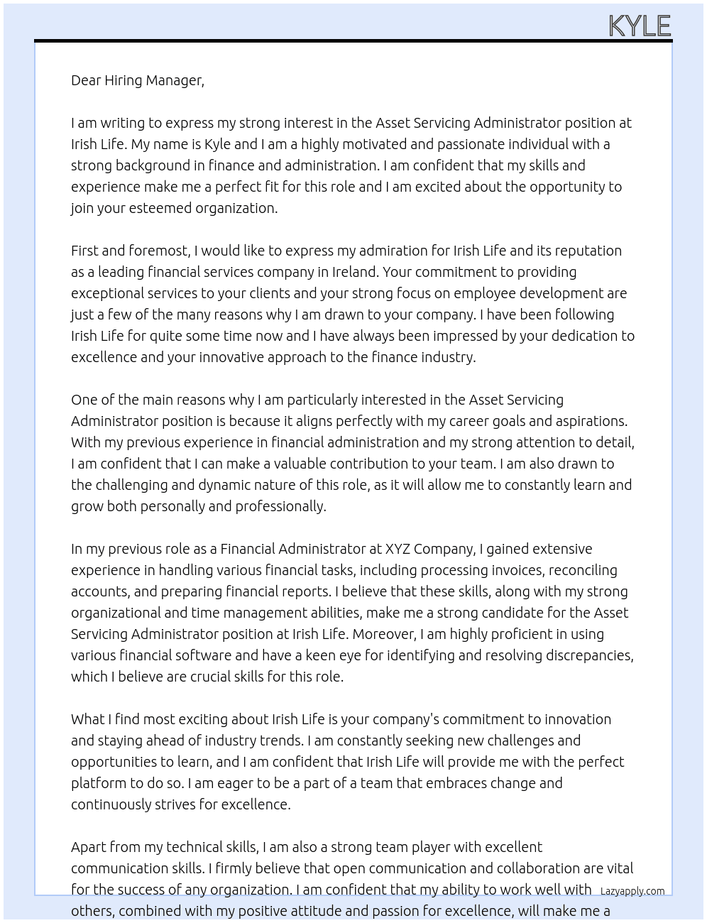 assest servicing administrator  At Irish life Cover Letter