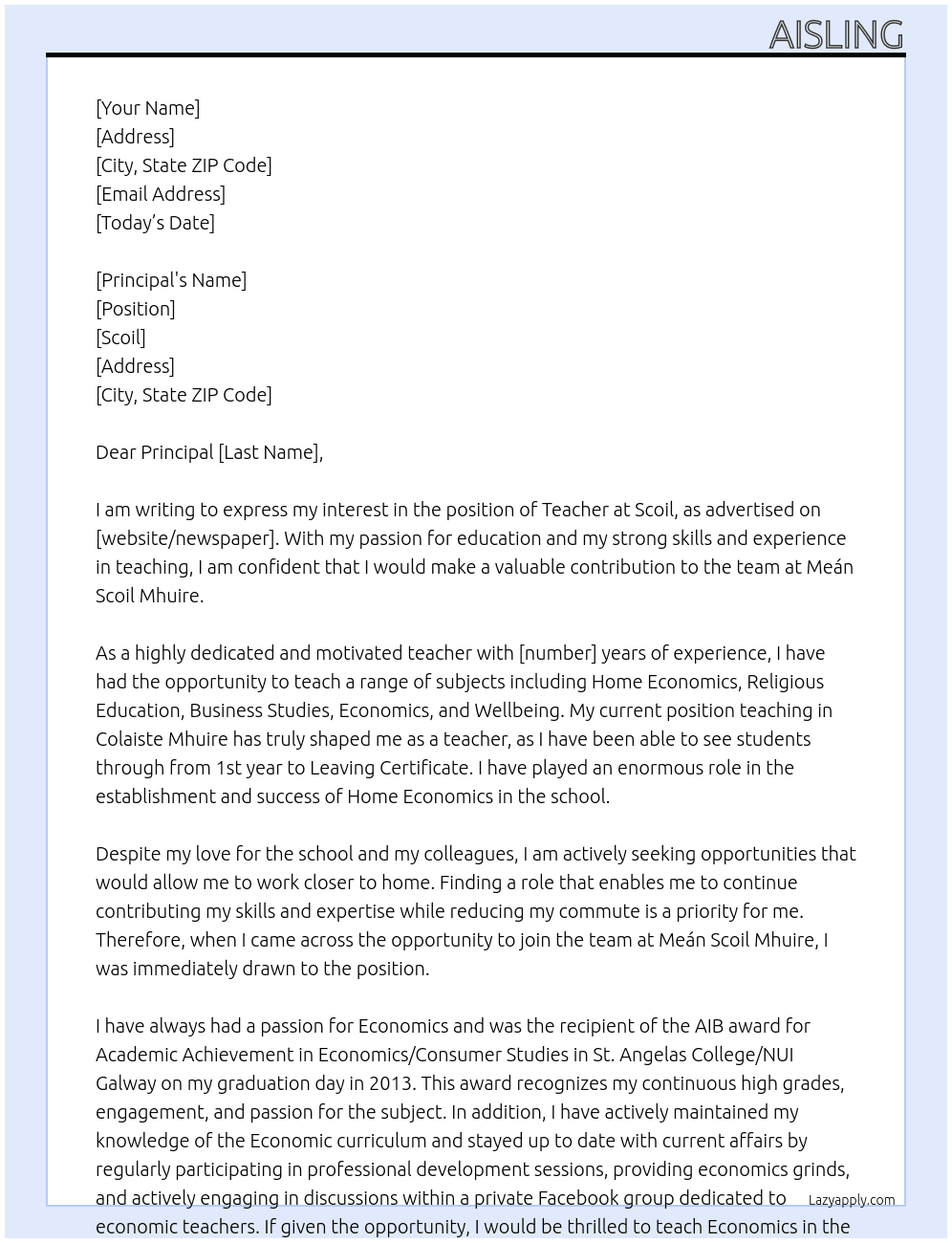 Teacher At Scoil Cover Letter