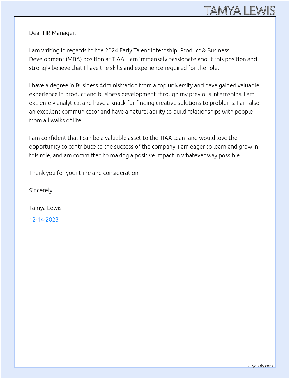 2024 Early Talent Internship: Product & Business Development (MBA) At TIAA Cover Letter