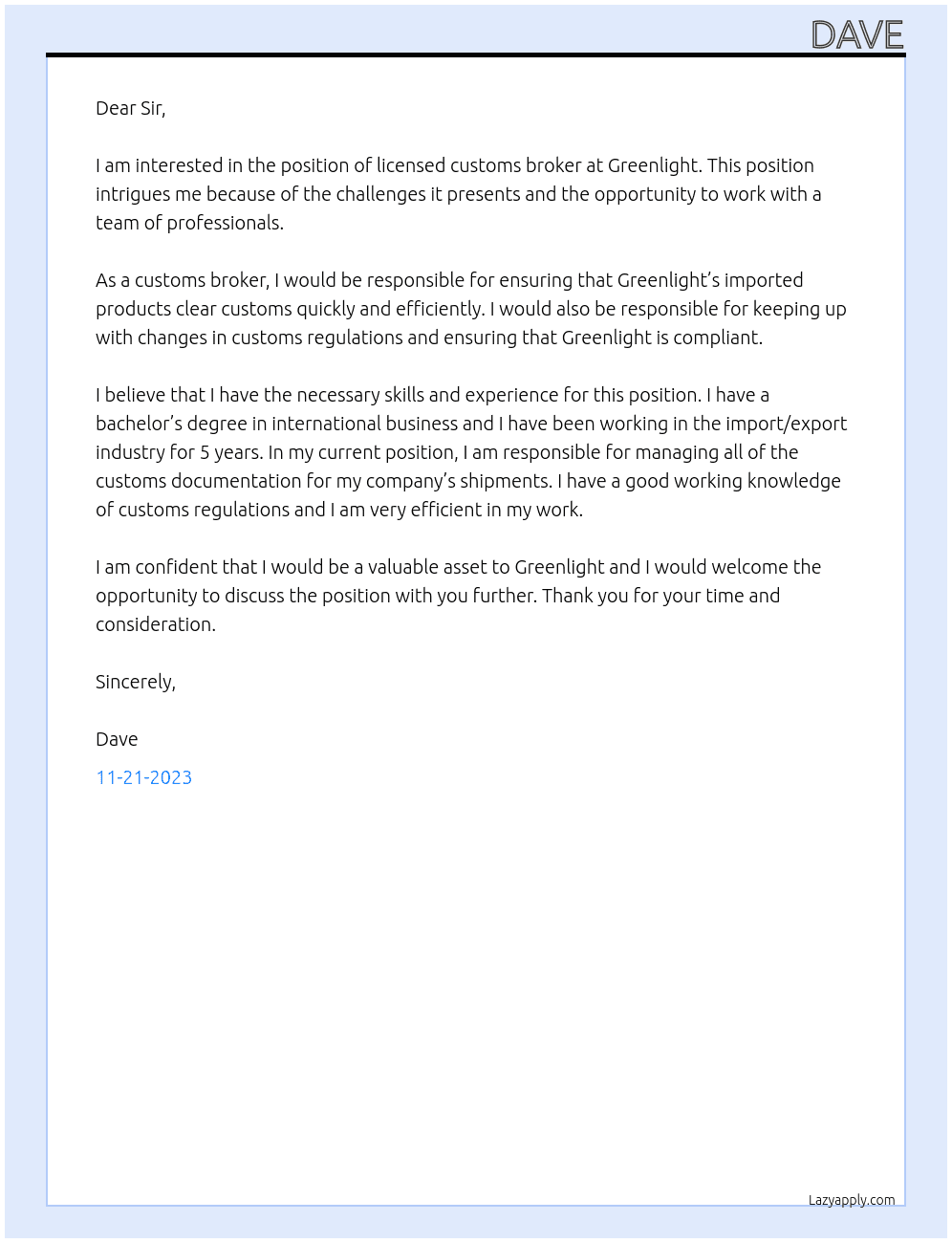 licensed customs broker At Greenlight Cover Letter
