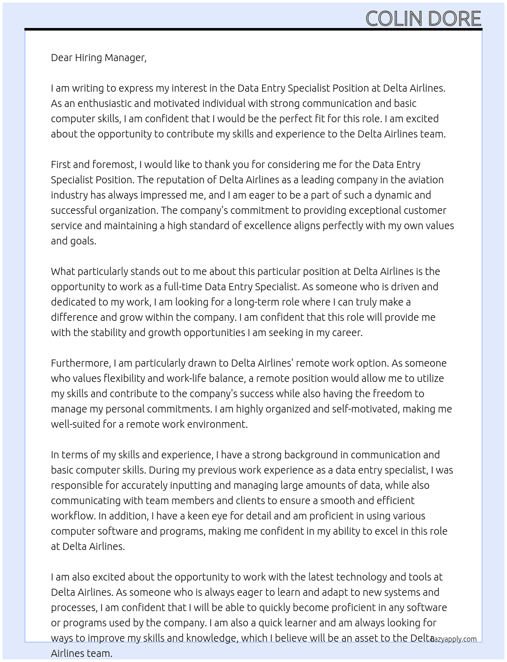 Data Entry Specialist Position At Delta Airlines Cover Letter