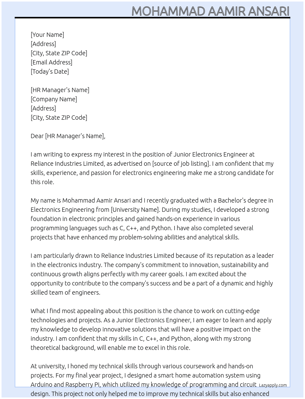 Junior Electronics Engineer At Reliance Industries Limited Cover Letter