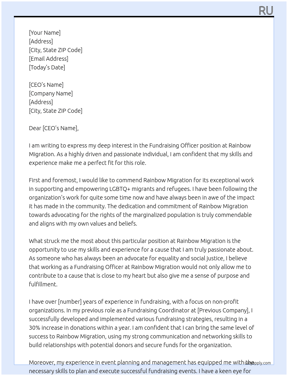Fundraising Officer At Rainbow Migration Cover Letter