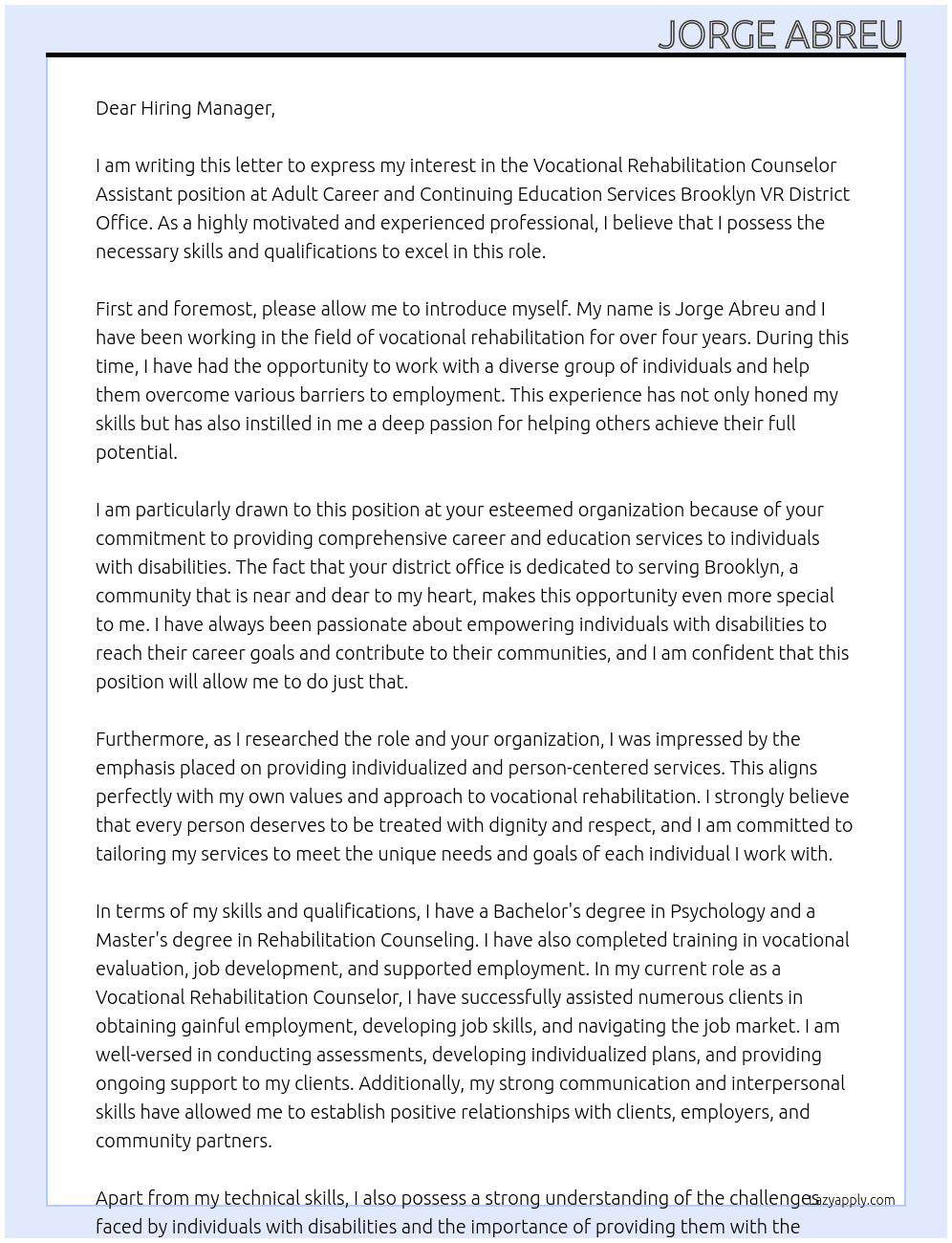 Vocational Rehabilitation Counselor Assistant  At Adult Career and Continuing Education Services Brooklyn VR District Office Cover Letter