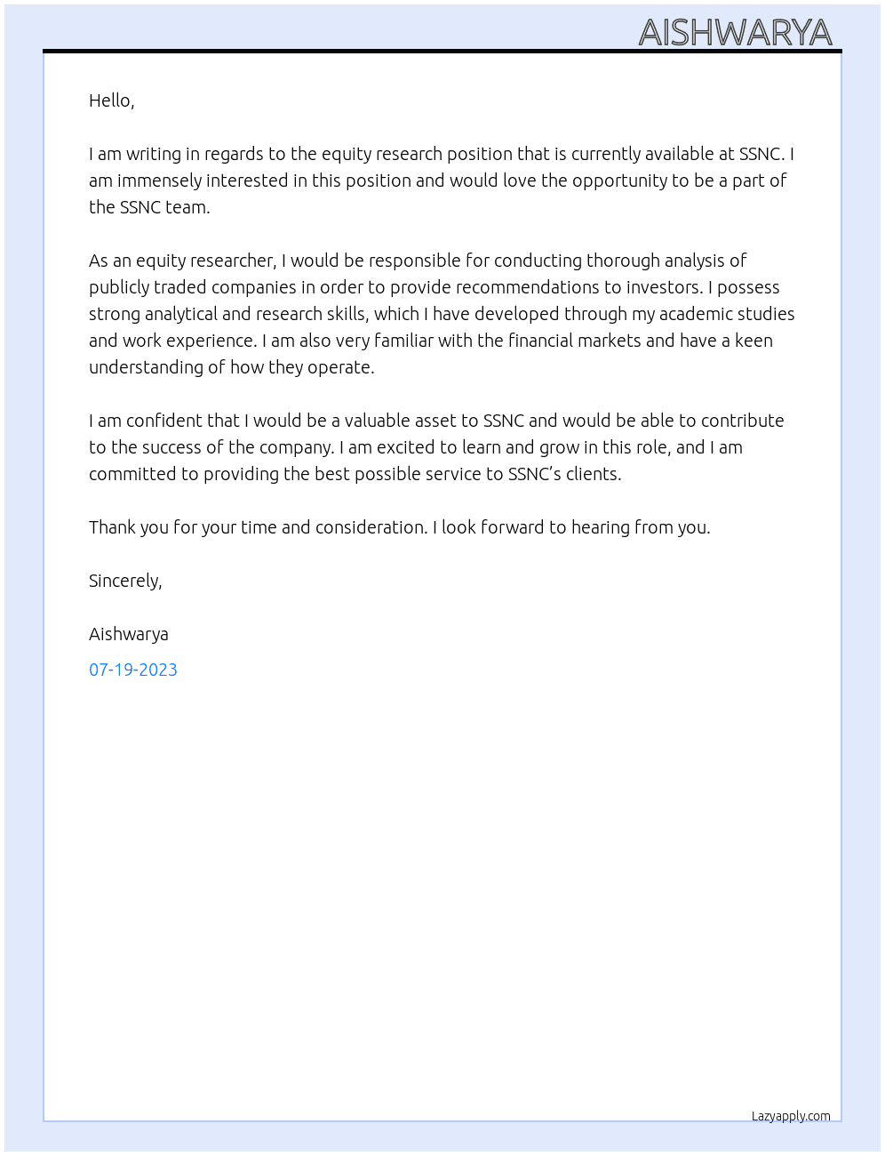 equity research  At ssnc Cover Letter