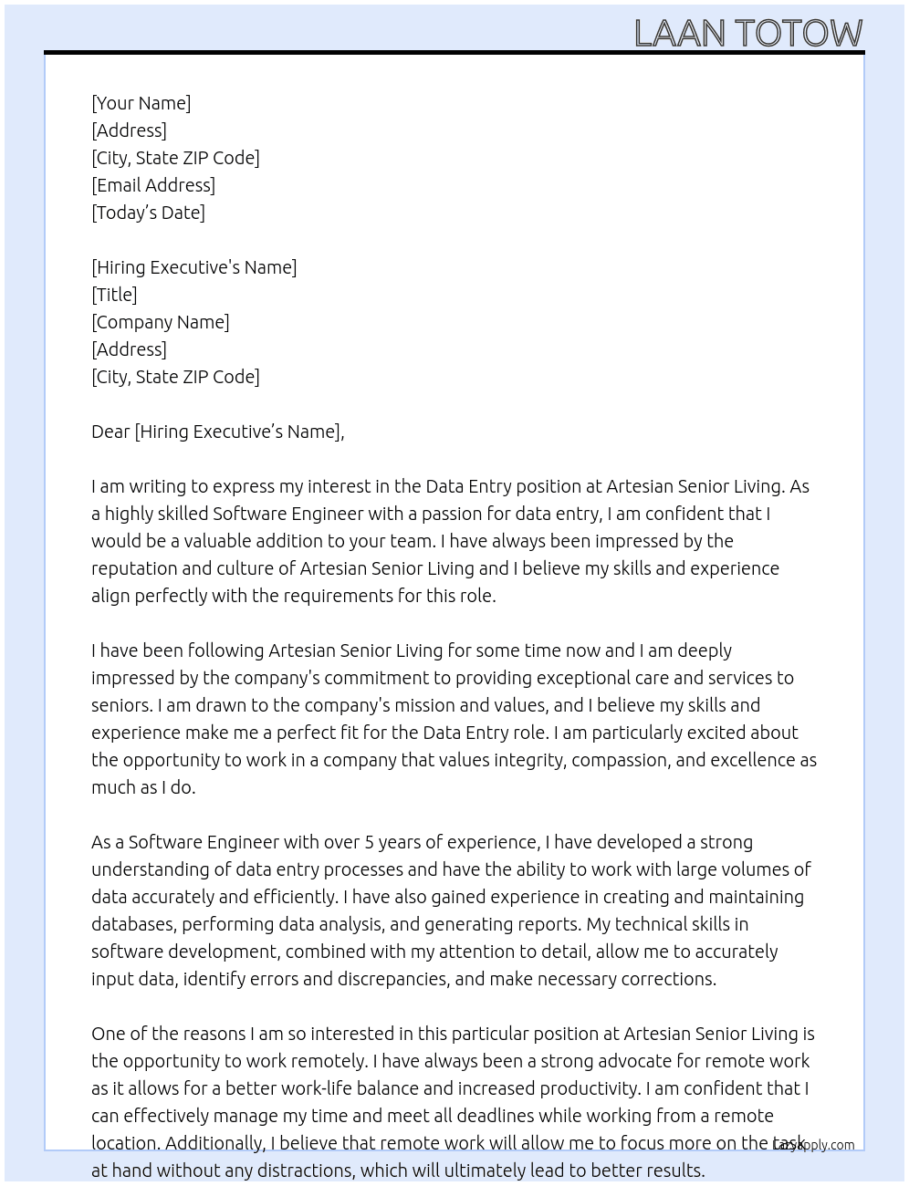 Data Entry At Artesian Senior Living Cover Letter