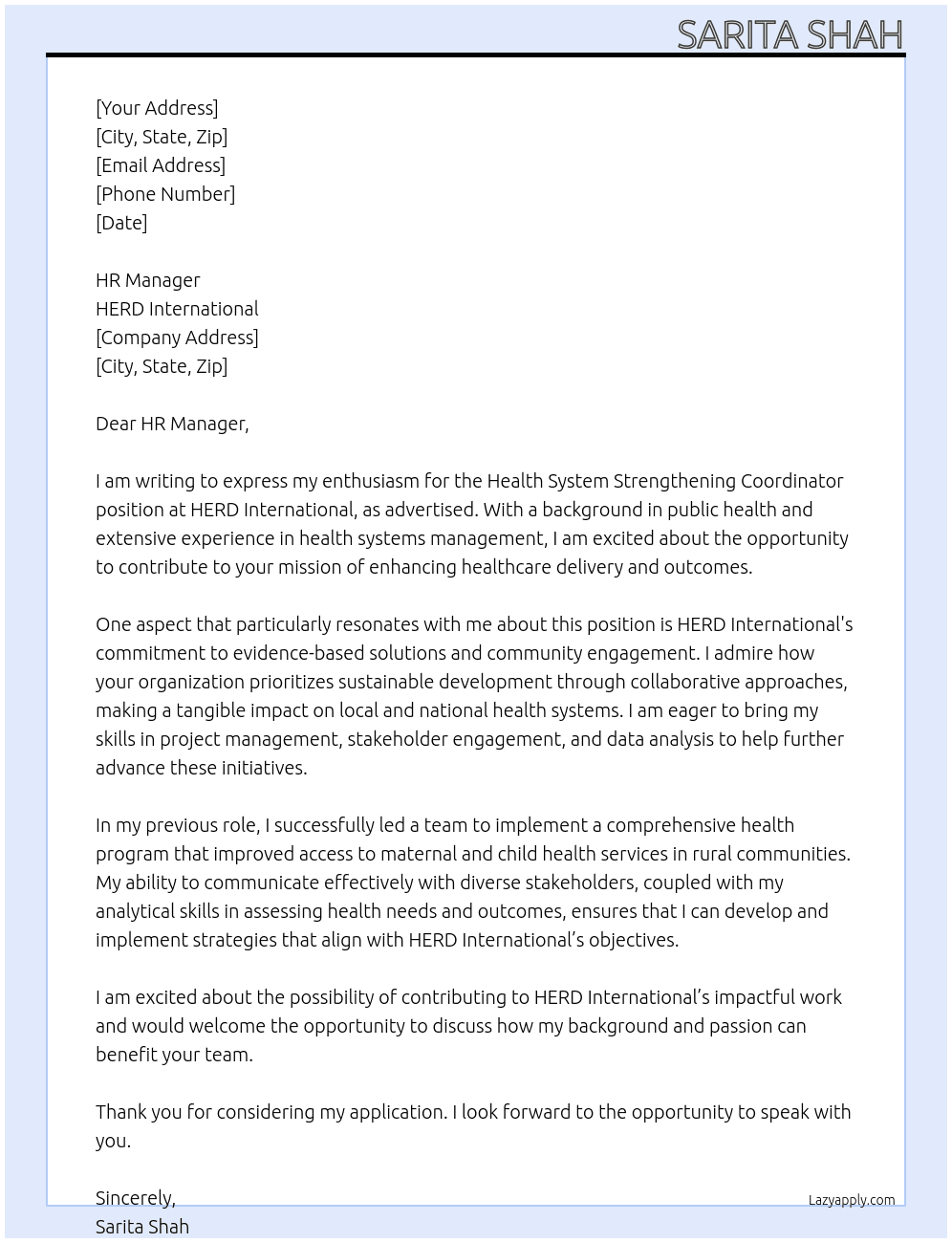 Cover letter for health system strengthening coordinator - LazyApply