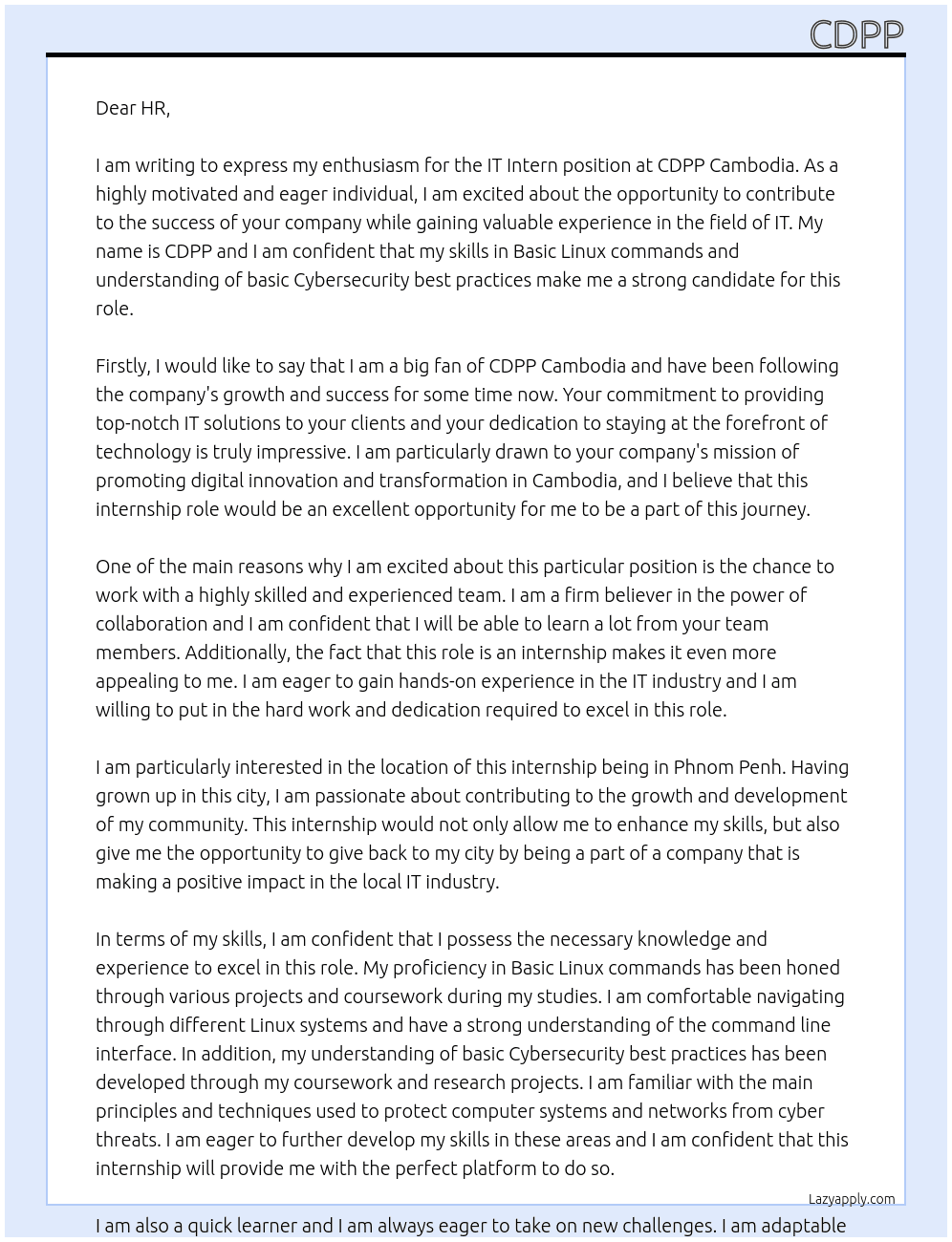 IT Intern At CDPP Cambodia Cover Letter