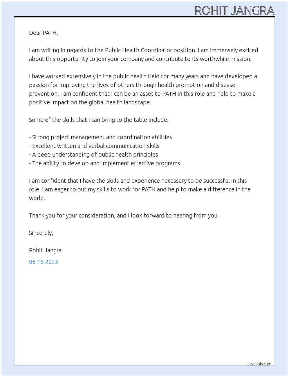 Public Health Coordinator At PATH Cover Letter