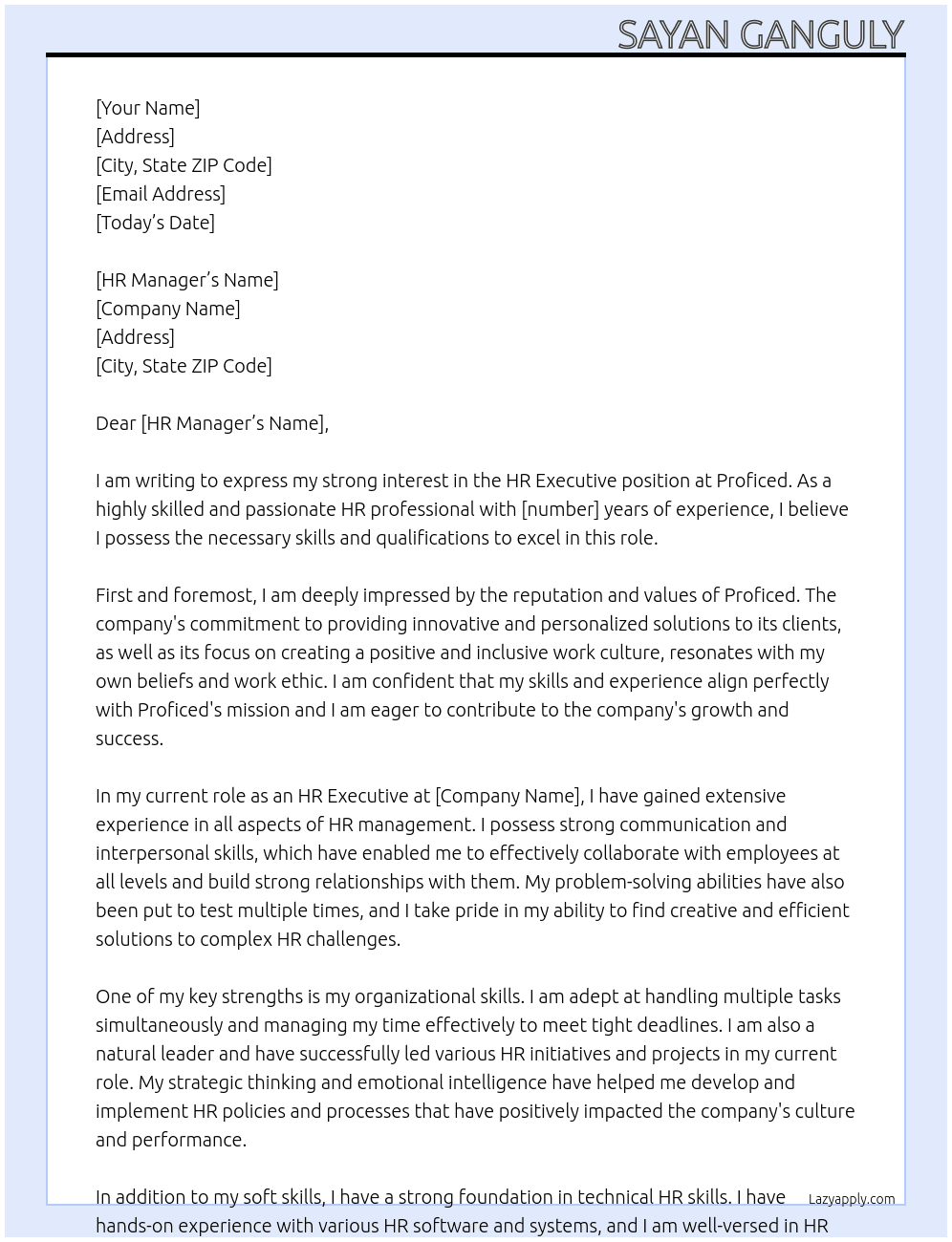Hr exicutive job  At Proficed Cover Letter