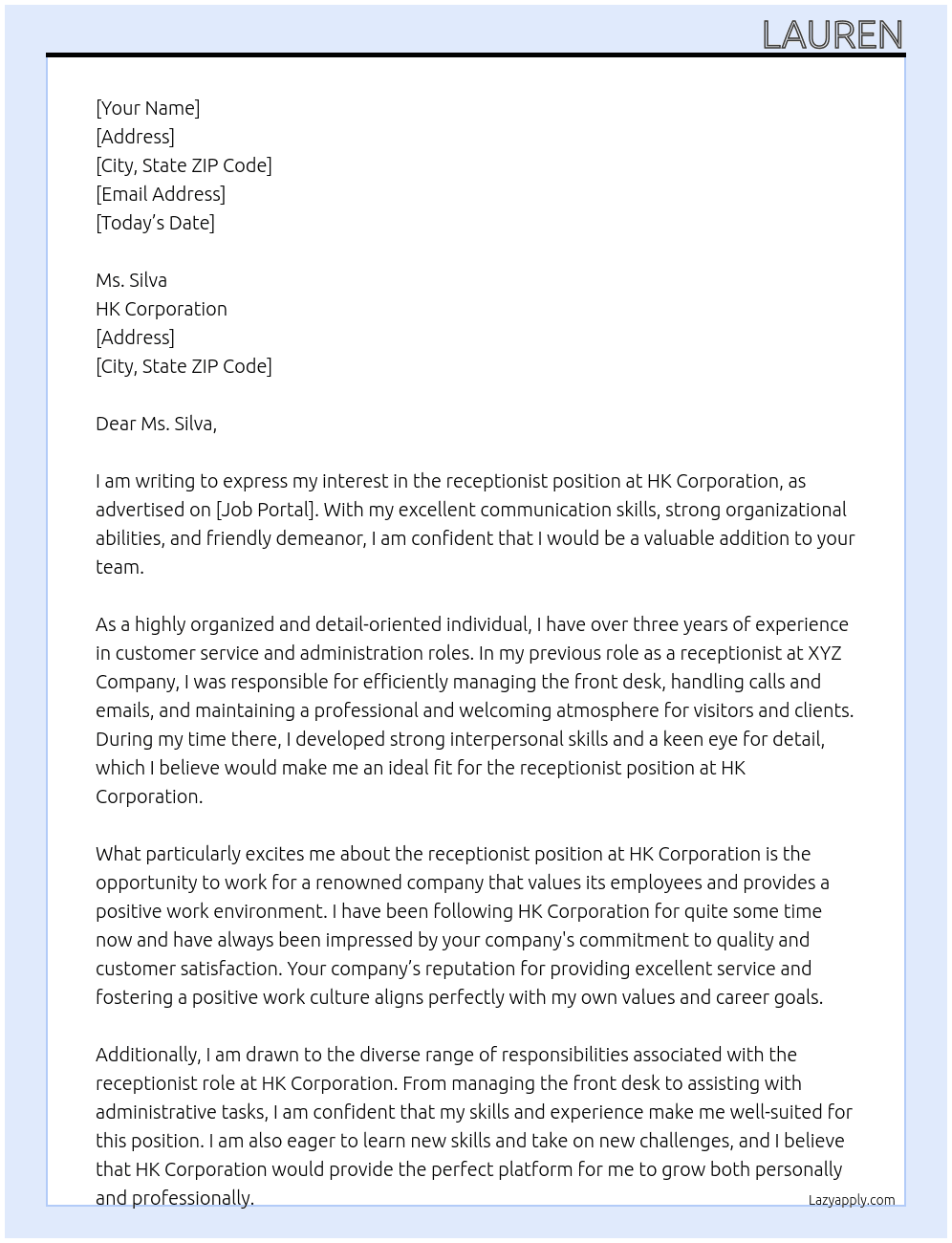 Receptionist At HK CORPORATION Cover Letter