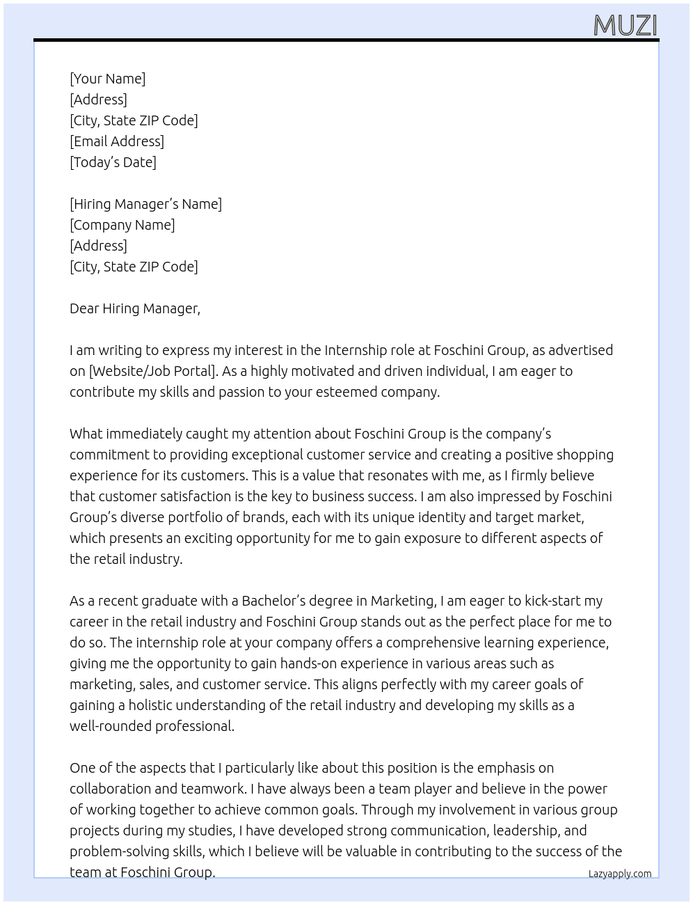 internship At Foschini Group Cover Letter
