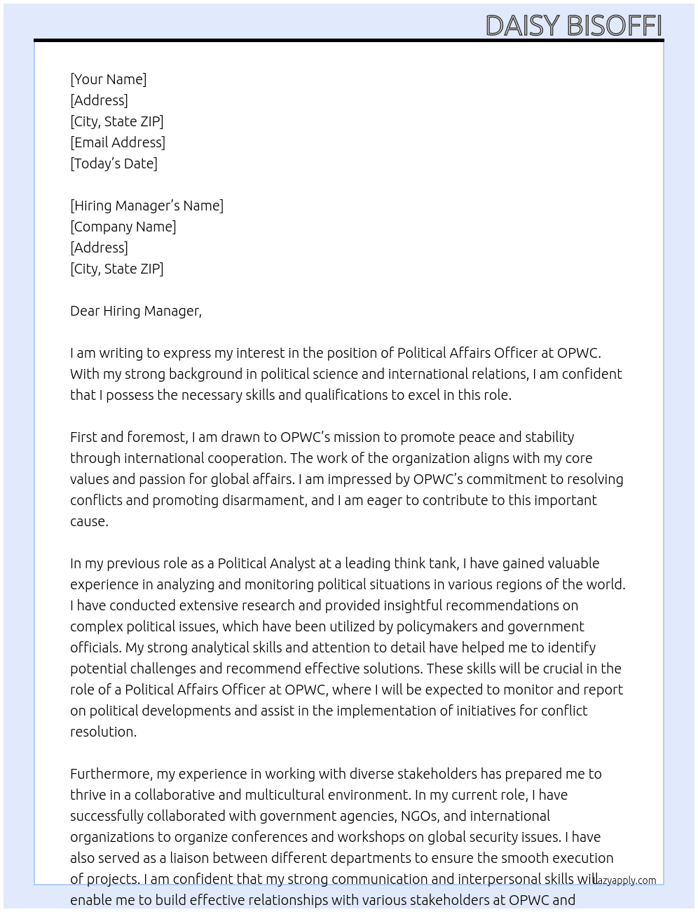 Political Affairs Officer At OPWC Cover Letter