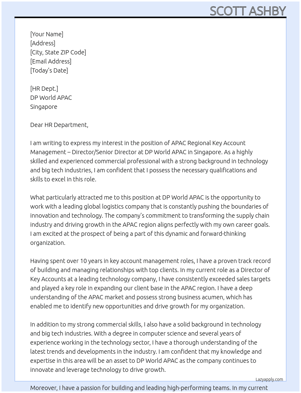APAC Regional Key Account Management – Director/Senior Director (Technology/Big Tech) At DP World APAC - Singapore.  Cover Letter