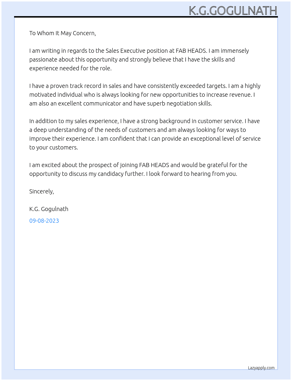 Sales Execeutive At FAB HEADS Cover Letter